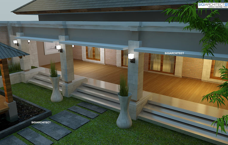 Desain Villa Bali 1 Lantai I Teras Rumah, Taman & Kolam
