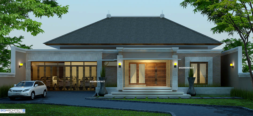 Desain Villa Bali 1 Lantai I Teras Rumah, Taman & Kolam