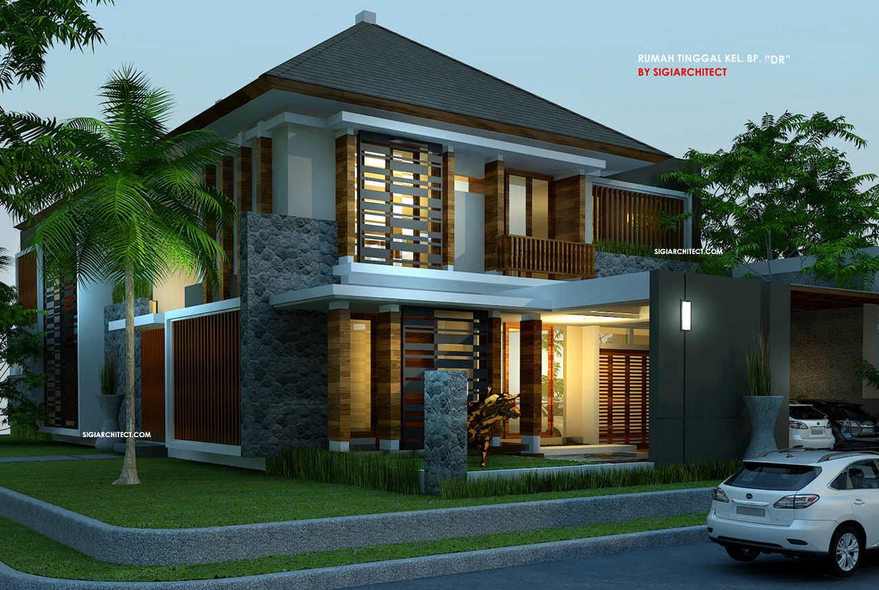 Desain Rumah Pojok Tropis Lantai Kolam Renang Type M