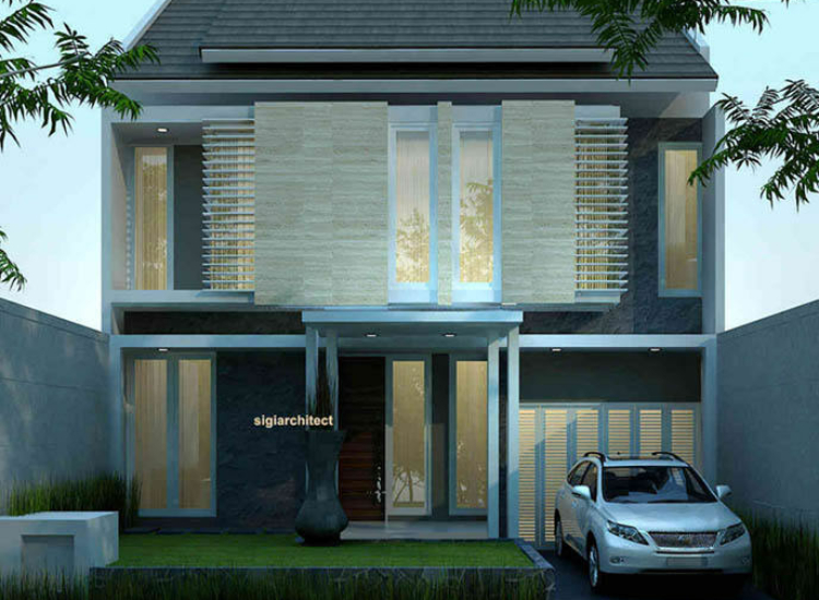 Desain Rumah Tropis Minimalis 2 Lantai Aksen Batu Alam Fasad