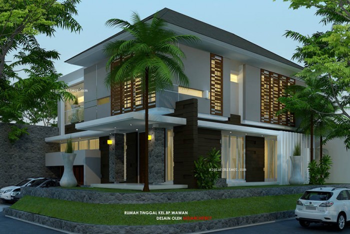 Desain Rumah Pojok Semybasement Modern Tropis 2 lantai