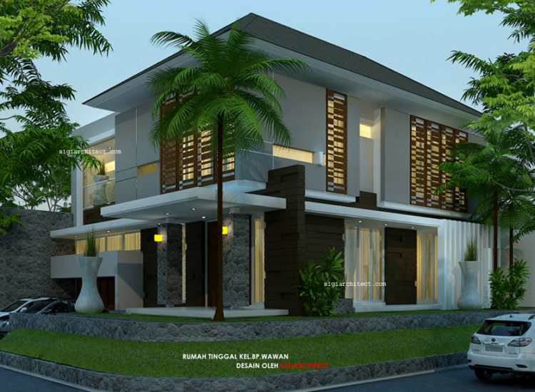 Desain Rumah Pojok Semybasement Modern Tropis 2 Lantai