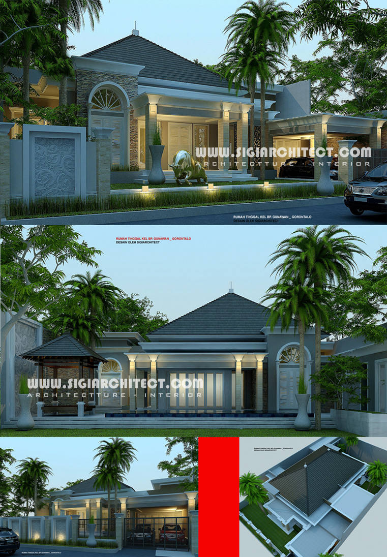 Desain Villa Klasik Modern Kolam Renang Fasad Rumah Tropis 1 Lantai
