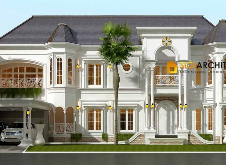 Desain Rumah Klasik Modern 2 Lantai + Kolam Renang Mewah